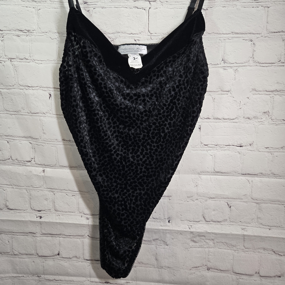 Vtg Cinema Etoile 80s Teddie Seductive Wear Black‎ Velvet High Thigh Cut Sz Med